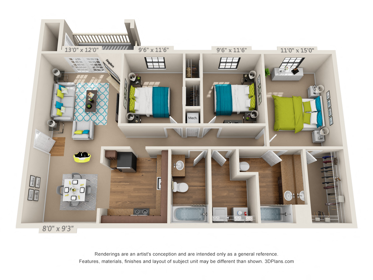 Floor plan for 3 beds, 2 baths, 1254 sqft